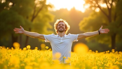 joyful man standing in a beautiful meadow with arms outstretched, feeling freedom, happiness, and connection with nature under the warm golden sunlight	