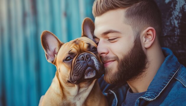 Young Man And French Bulldog Bond In Sweet Portrait With Playtime, Lessons, And Affectionate Gestures Of Hugs And Kisses. - Powered by Adobe