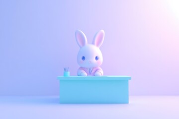 Cute cartoon rabbit in a suit sits at a pastel desk, pencils nearby.
