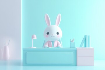 Adorable bunny rabbit in a pink suit sits at a pastel desk in a minimalist office.