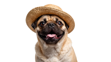 Pug wearing a straw hat isolated on transparent background with a happy expression and bright eyes