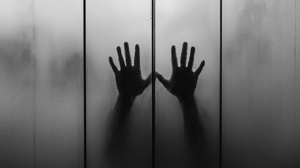 Two shadowy hands are reaching out from behind a wet glass door, creating a suspenseful and mysterious atmosphere. Ai generated