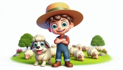 Naklejka premium Animated farm scene with boy and dog pastoral landscape fun character art