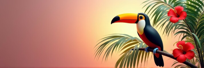 Tropical toucan on branch with palm leaves and hibiscus at sunset