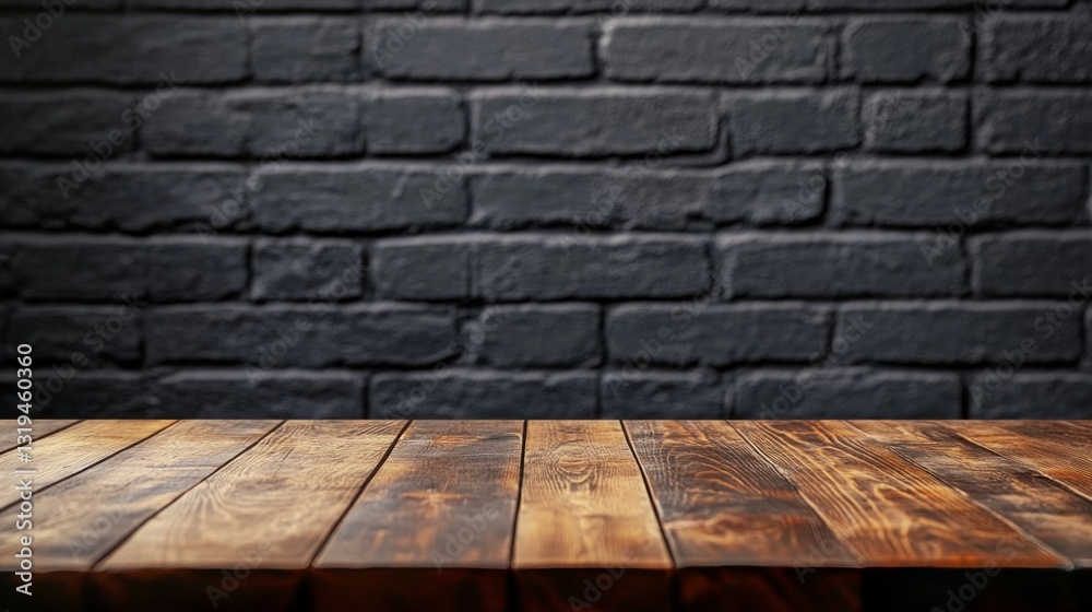 Poster the rustic brown wooden table stands empty against a textured dark brick wall, creating an atmospher