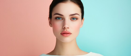 A woman with blue eyes and a pinkish face is standing in front of a pink