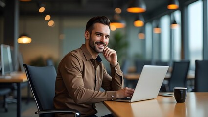 successful businessman working on a laptop in a sophisticated office setting, focused on corporate strategy, business growth and market expansion opportunities	