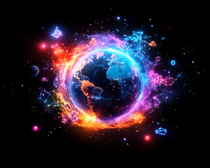 Obraz premium Glowing Earth engulfed in cosmic energy surrounded by vibrant nebula and interconnected nodes