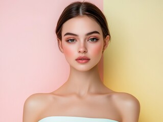 A woman with a light pink background and a light green background