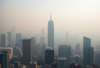 Smog-choked cityscape, skyscrapers barely visible through hazy pollution, buildings, gloomy