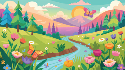 Naklejka premium Serene Spring Meadow Landscape Colorful Flowers and Butterflies near a Winding River