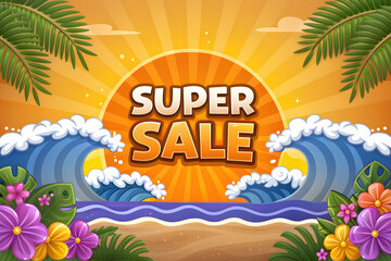 Super Sale Promotional Banner with Tropical Beach Theme