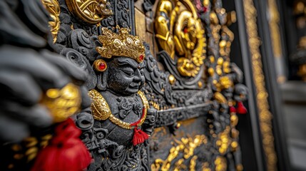 Obraz premium Intricate closeup of god of weal sculpture in textured gold and stone art photography of cultural heritage