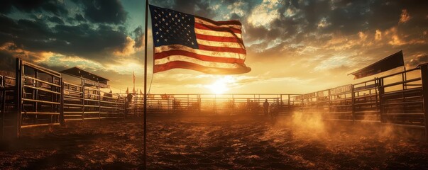 American Flag at Sunset in Rustic Rodeo Arena with Dusty Ground