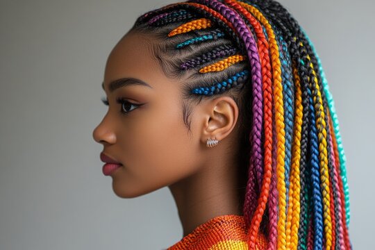 Profile of young black woman with colorful long rainbow braids hairstyle