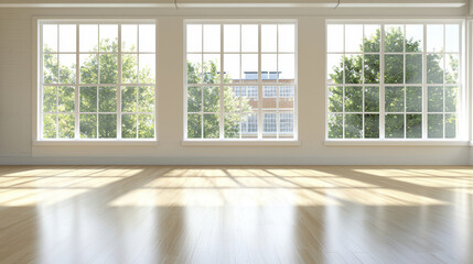 Bright and airy room with large windows showcasing greenery outside