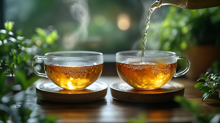 Fototapeta premium Tea ceremony with hot tea cups, tranquil ritual, serene tradition, closeup detail 