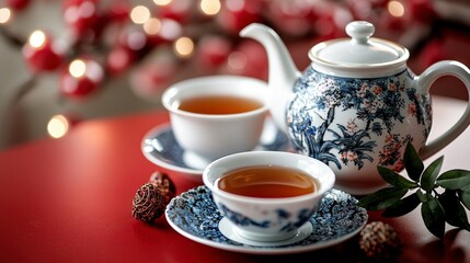 Fototapeta premium Elegant tea set display on red surface cozy setting still life warm atmosphere close-up culinary art
