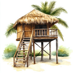 Fototapeta premium charming watercolor illustration of tropical beach cabana with thatched roof, wooden stilts, and lush palm trees