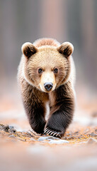 Obraz premium A brown bear cub strolls through the forest