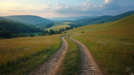 Scenic dirt road winds through a lush valley, leading to a distant mountain range at golden hour