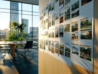 Storyboard key plot points displayed under soft fluorescent lighting in a modern office environment