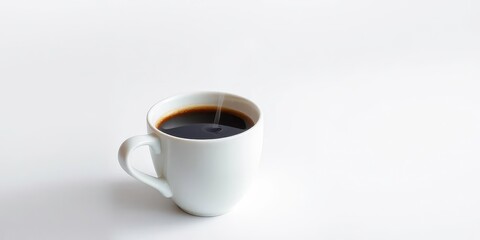 Obraz premium Steaming cup of coffee, white background, minimalist aesthetic, dark, object photography