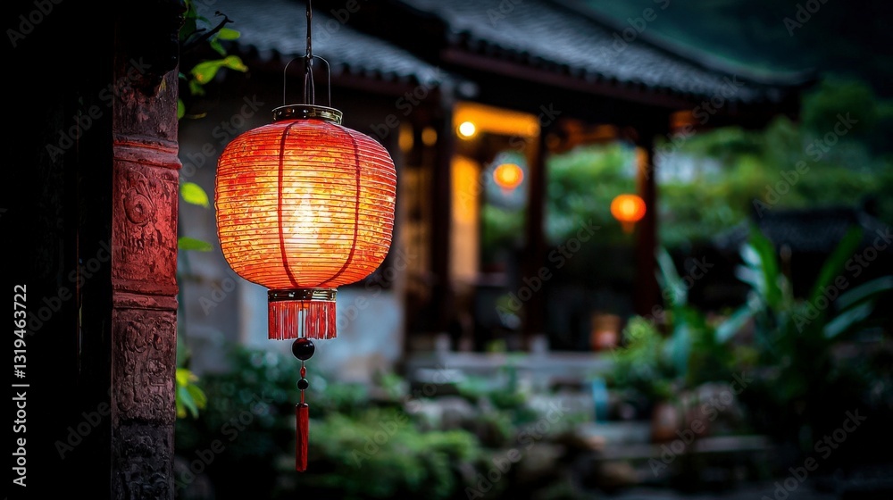 Poster captivating glow of a red lantern in a tranquil garden evening setting closeup photography serene at