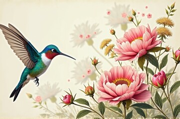 Fototapeta premium Colorful hummingbird hovering near vibrant pink peonies in bloom