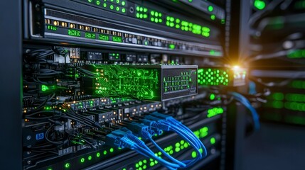 Obraz premium Server farm operation data center close-up image high-tech environment futuristic viewpoint digital concept