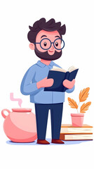 A man reading a book, surrounded by books and a pot