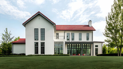 Fototapeta premium Modern White Two Story House With Red Tile Roof Green Lawn Backyard Patio and Lush Landscaping Under Cloudy Blue Sky