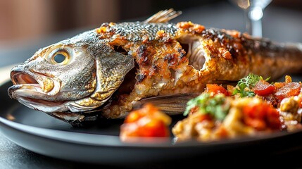 Ceremonial fish dish presentation fine dining restaurant culinary art elegant setting close-up view gastronomic delight