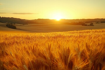 A golden wheat field stretches toward the setting sun on a hill