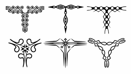 Artistic Corner Embellishments: Six unique, intricate, and stylized corner designs suitable for enhancing various creative projects, ranging from invitations to website elements.
