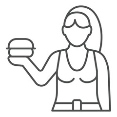 Woman wish apple in hand thin line icon, eat what you want concept. Vector graphics. Girl with apple fruit at palm sign on white background, outline style icon for mobile or web design.