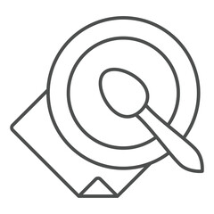 Plate and spoon on napkin thin line icon, serving food service concept. Vector graphics. Food dish sign on white background, outline style icon for mobile or web design.