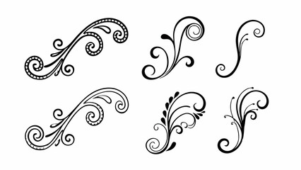 Elegant Floral Ornaments: A set of six meticulously crafted, black and white floral ornaments, each showcasing graceful swirls and delicate details.
