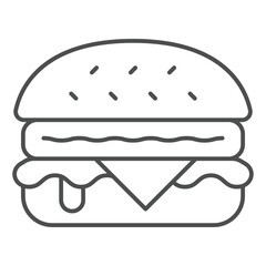 Hamburger bun with meat patty, salad and cheese thin line icon, fastfood concept. Vector graphics. Bakery product sign on white background, outline style icon for mobile or web design.