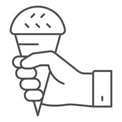 Hand holding ice cream thin line icon, eat what you want concept. Vector graphics. Dairy, icecream waffle cone sign on white background, outline style icon for mobile or web design.
