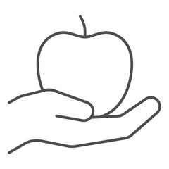 Apple on hand palm thin line icon, grocery products concept. Vector graphics. Fresh fruit sign on white background, outline style icon for mobile or web design.