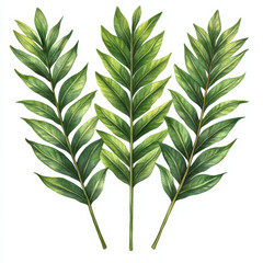 Fototapeta premium Three vibrant green palm leaves in watercolor style, isolated on white background, showcasing natural beauty