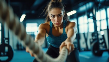 Young Fitness Female Demonstrates Strength And Endurance With Rope Exercises At Gym. Woman Engages In Intense Workout By Pulling Rope.