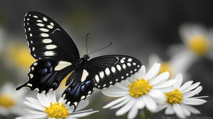 Naklejka premium Elegant black butterfly rests on white daisies