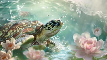 A sea turtle with its head above water, splashing playfully in a serene ocean bay