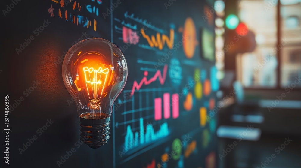 Poster illuminated lightbulb on a wall with charts, suggesting ideas. use business concept