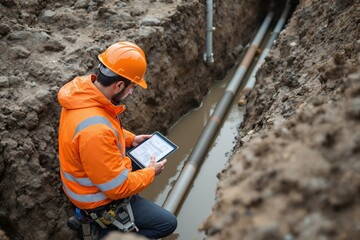 Engineer in orange safety gear examining underground pipes on muddy construction site using digital tablet, concept of infrastructure and maintenance. Ai generative
