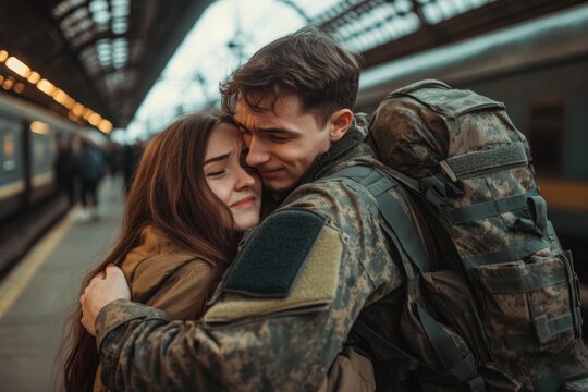 Soldier is hugging his girlfriend before leaving for the war