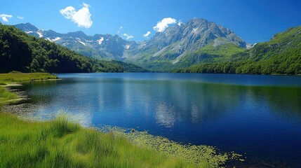 Naklejka premium Serene mountain lake reflecting a vibrant sky (1)