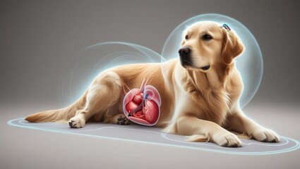 Dog health awareness golden retriever with heart visualization veterinary science educational art